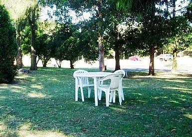 Parkland area at Mayfield Motel with white tables and chairs under shade trees.